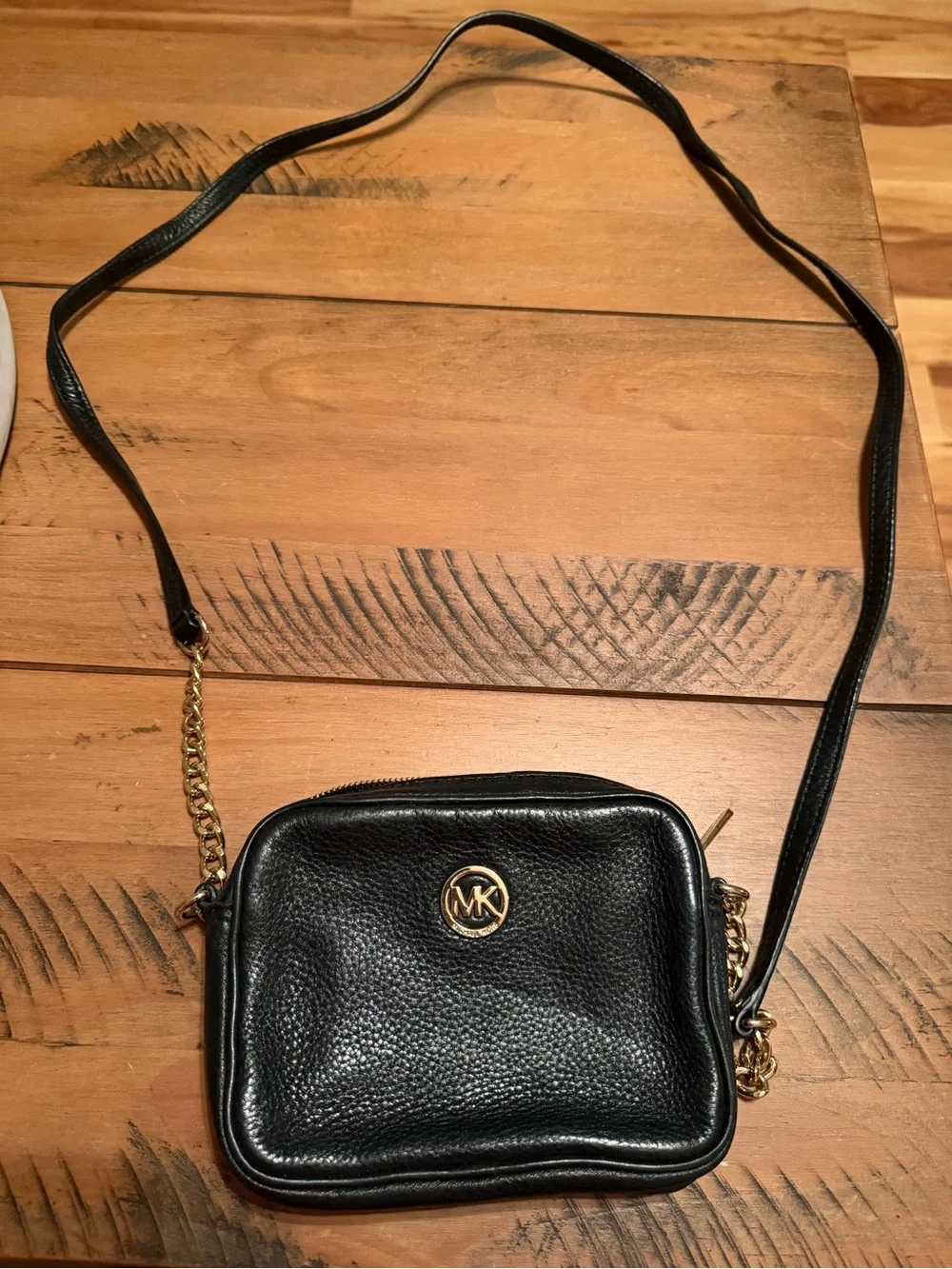 Michael Kors Black Pebbled Leather Crossbody with Gold MK Emblem